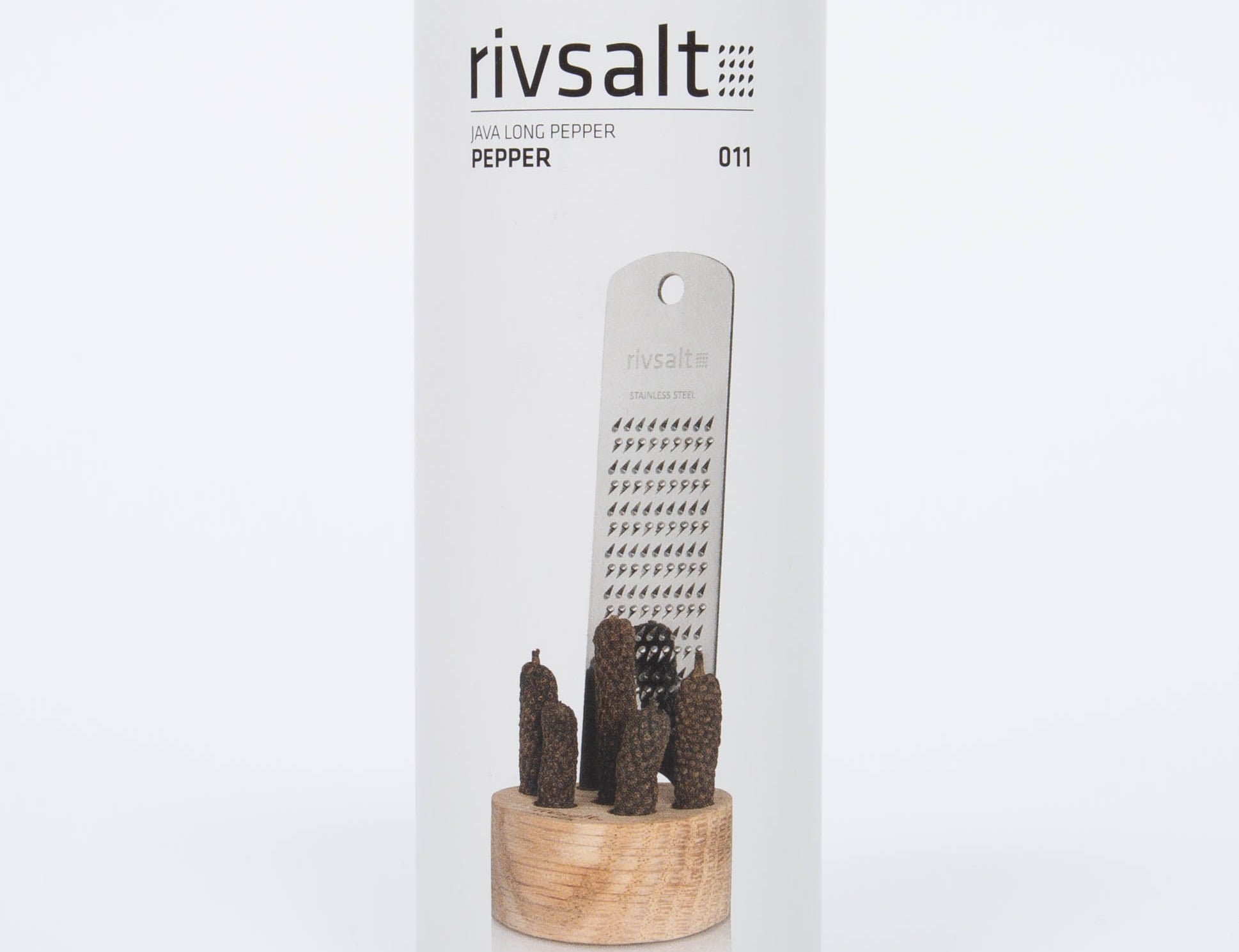 Rivsalt Pepper Stainless Steel Grater in its white retail tube with a window