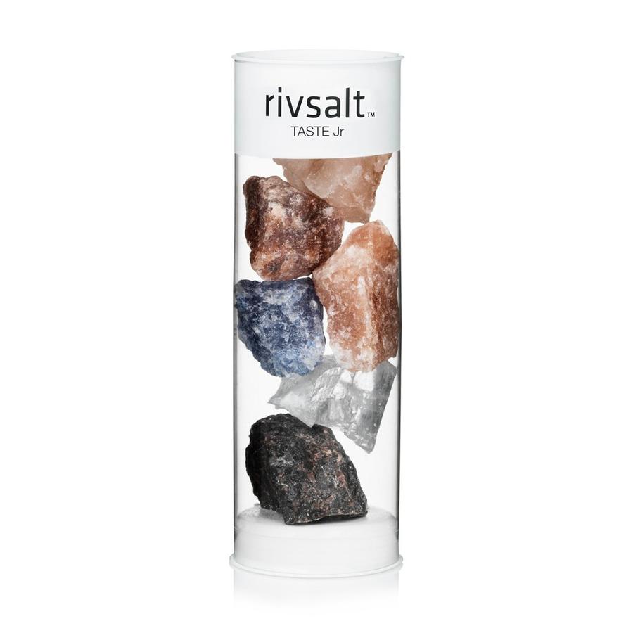 Rivsalt Taste Jr. Rock Salt Refill, assorted pink, blue, white and black salt rocks in a glass tube