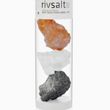 Rivsalt Taste Large Rock Salt Refill, orange, white and black salt rocks in a tall glass tube