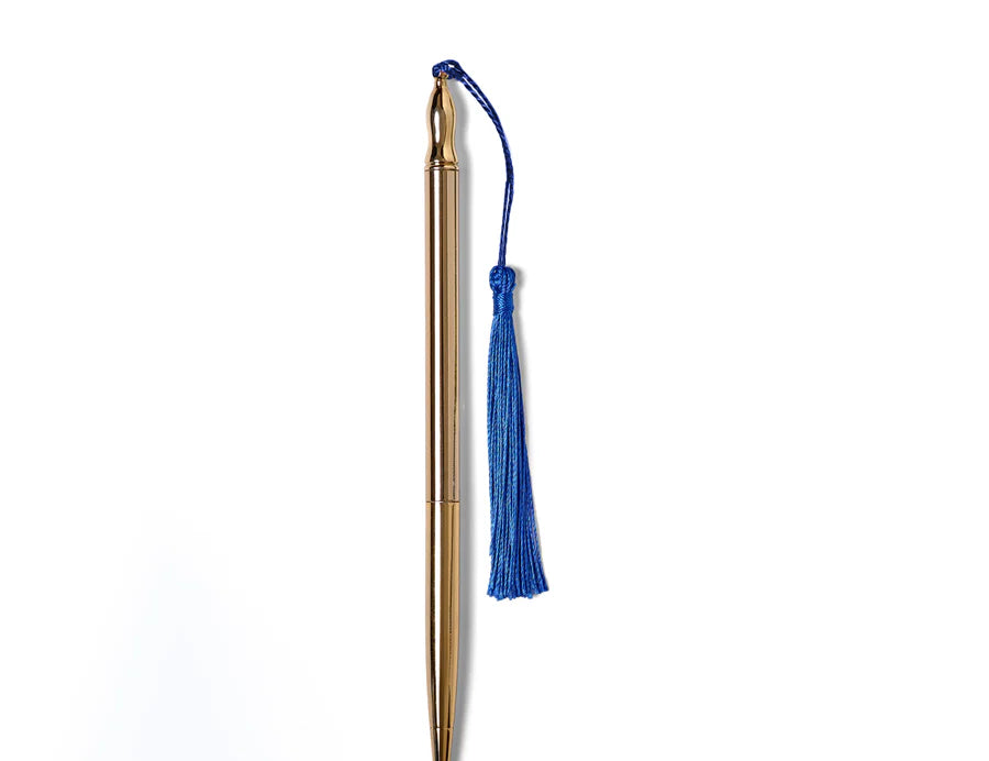 RoomyTown 24k Gold Plated Ballpoint Pen with a Blue silk tassel, slim gold pen on white