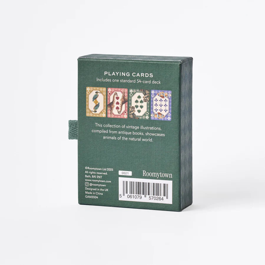 RoomyTown Animal Kingdom Playing Cards, green back of the box with product description