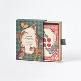 RoomyTown Animal Kingdom Playing Cards, green box sliding open to reveal the deck with a red four of hearts
