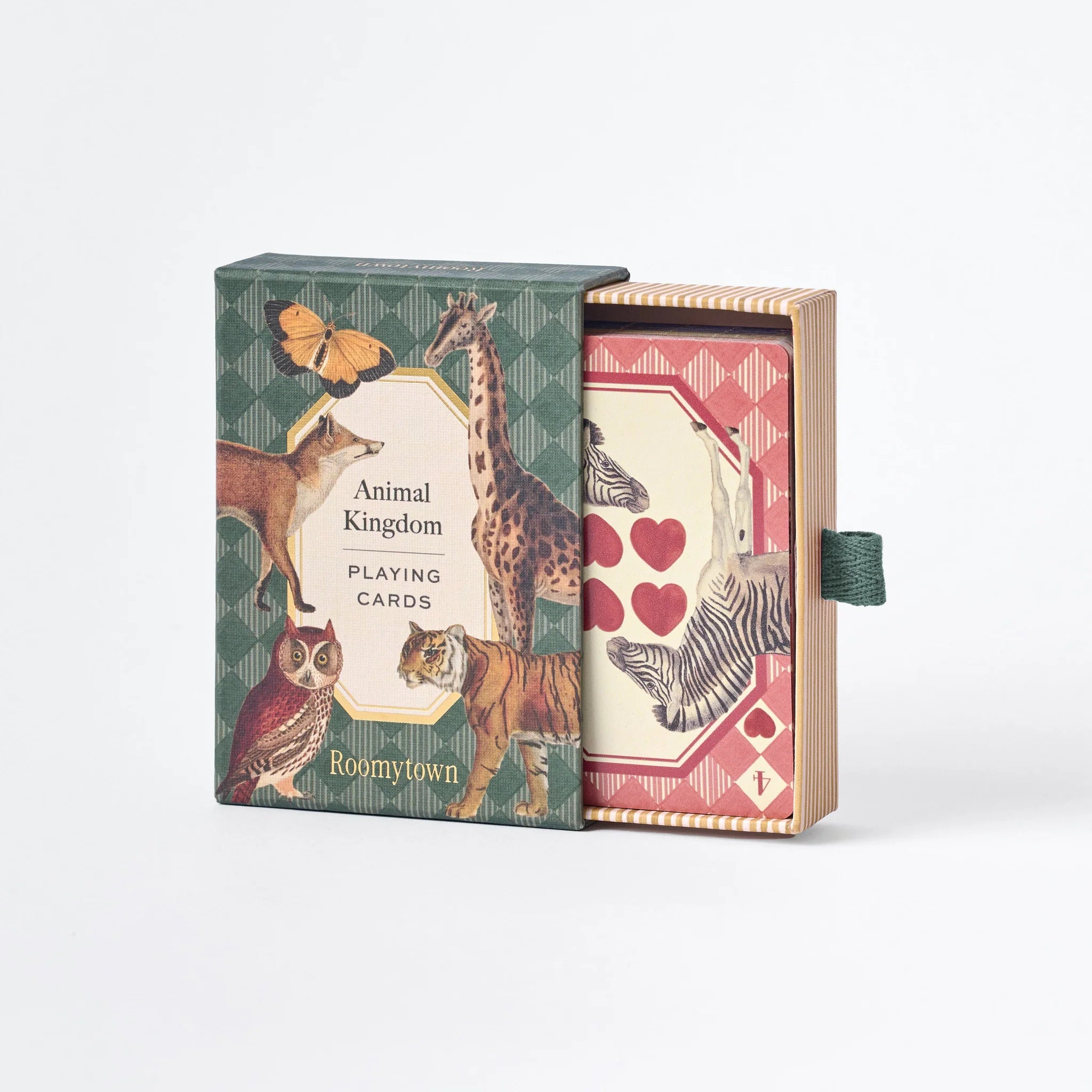 RoomyTown Animal Kingdom Playing Cards, green box sliding open to reveal the deck with a red four of hearts