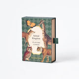 RoomyTown Animal Kingdom Playing Cards, green box with vintage giraffe, fox and tiger illustrations