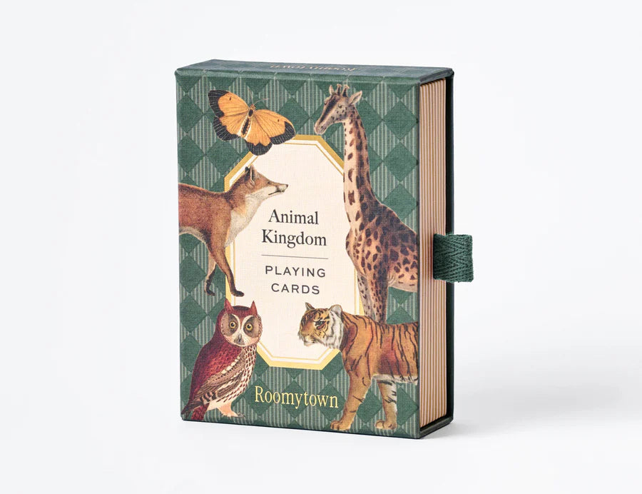 RoomyTown Animal Kingdom Playing Cards, green box with vintage giraffe, fox and tiger illustrations