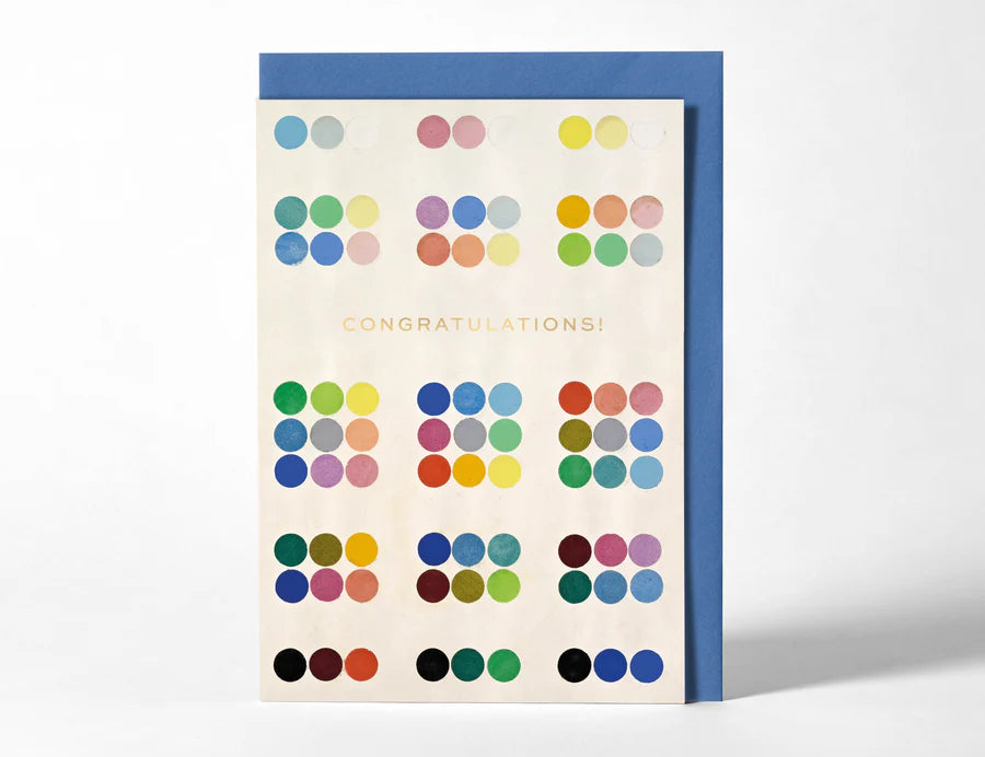 RoomyTown Benson Congratulations Greeting Card with rainbow polka dots on cream and a navy blue envelope