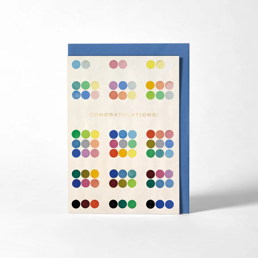 RoomyTown Benson Congratulations Greeting Card with rainbow polka dots on cream and a navy blue envelope