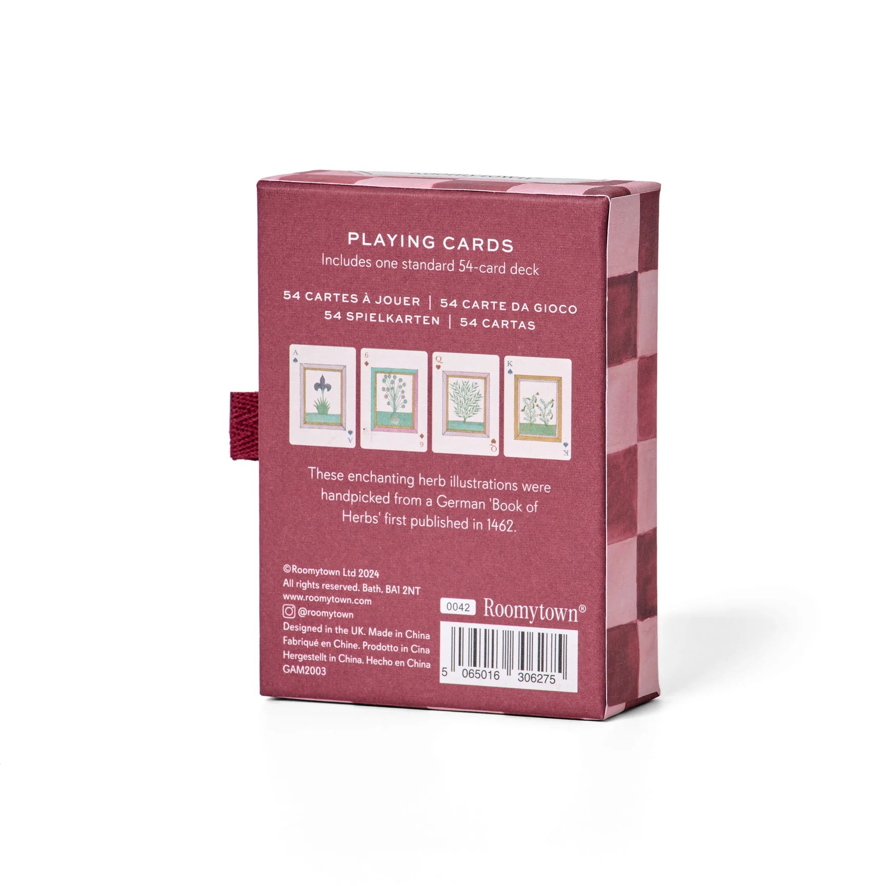 Back of the RoomyTown Book of Herbs Playing Cards burgundy box with product details