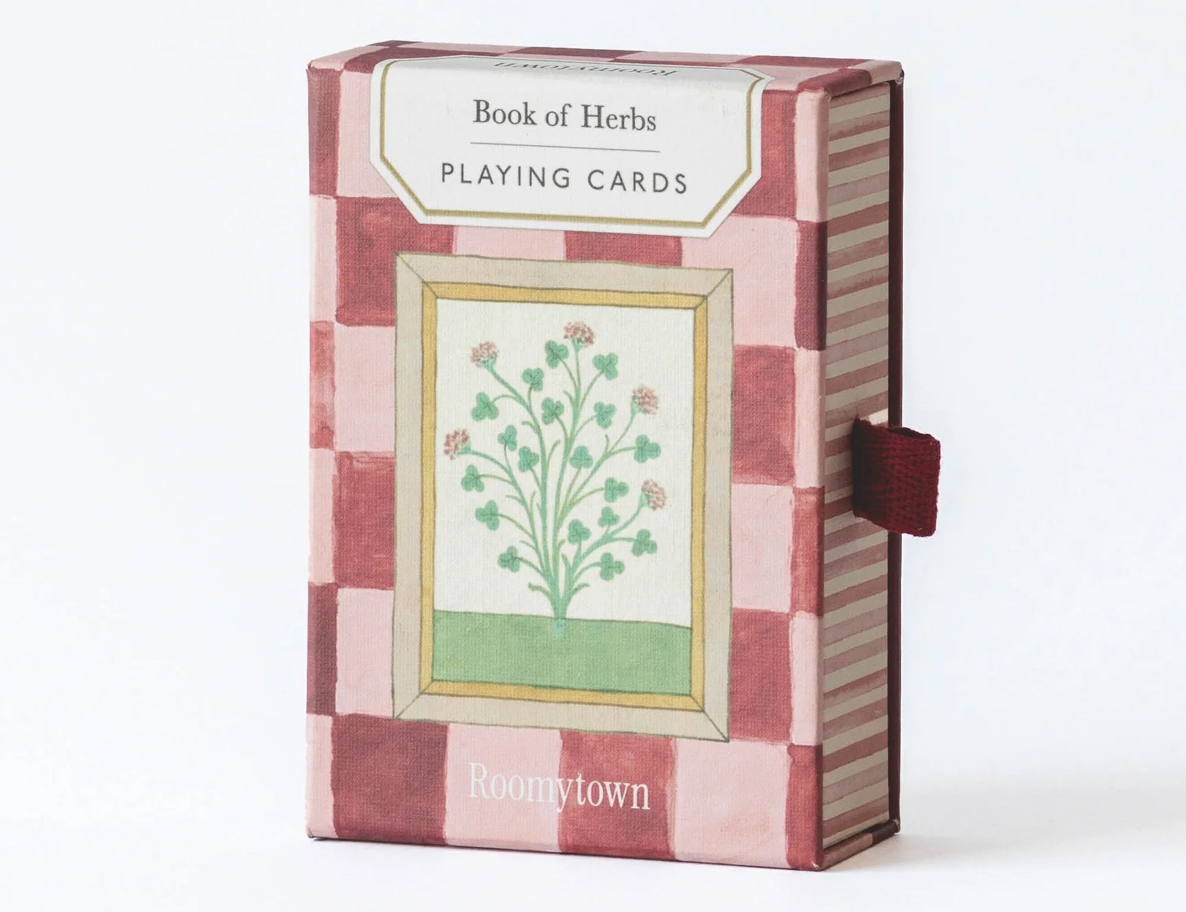 RoomyTown Book of Herbs Playing Cards in a pink and burgundy checkered box with a botanical illustration