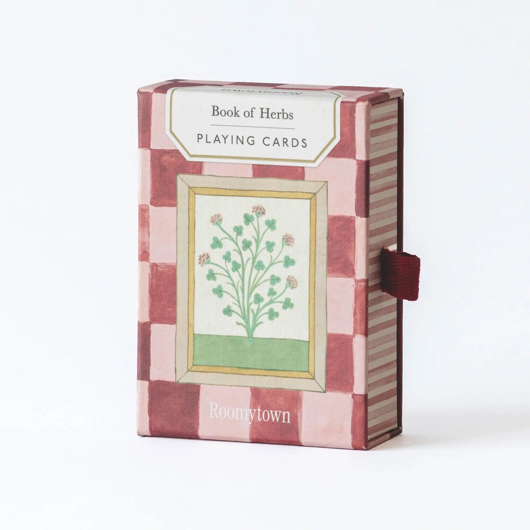 RoomyTown Book of Herbs Playing Cards in a pink and burgundy checkered box with a botanical illustration