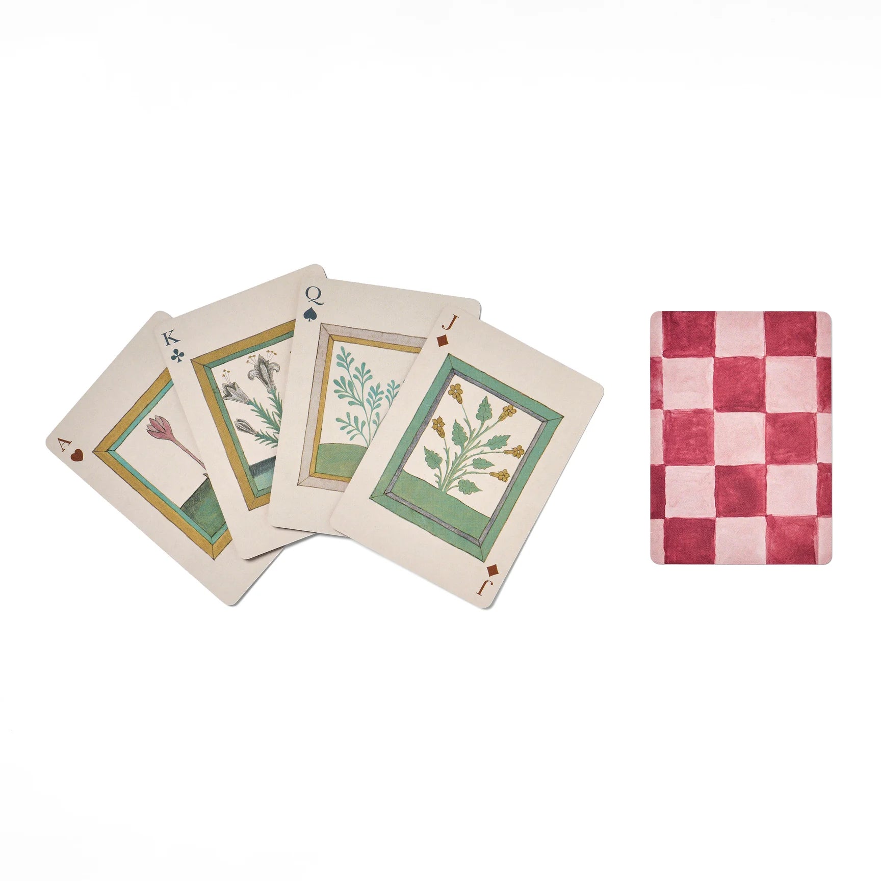 RoomyTown Book of Herbs Playing Cards fanned out showing illustrated herb face cards and the checkered back