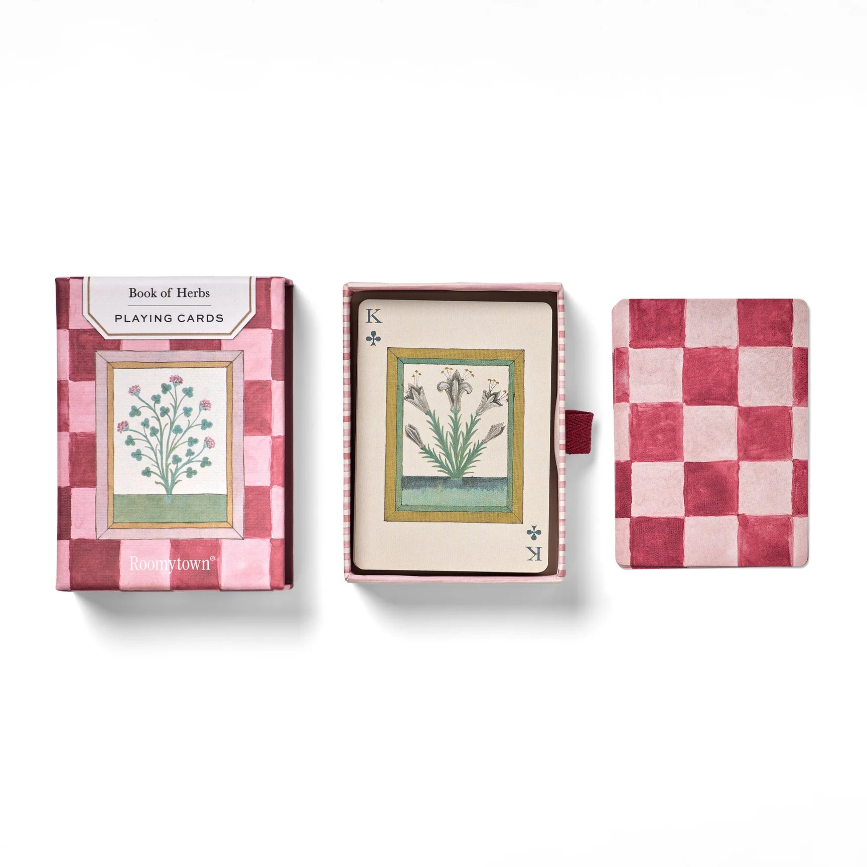 RoomyTown Book of Herbs Playing Cards box, open deck and checkered card back laid out side by side