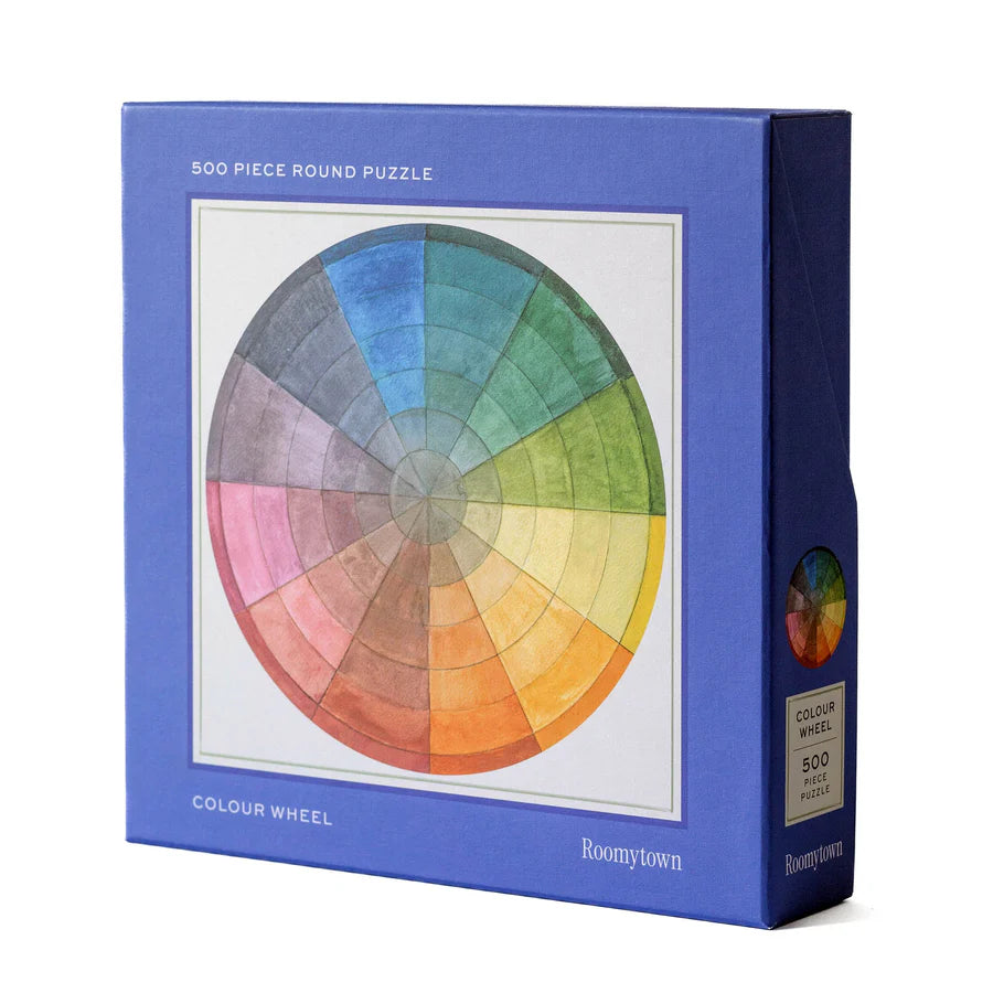 RoomyTown Color Wheel 500-Piece Round Jigsaw Puzzle box shown at an angle