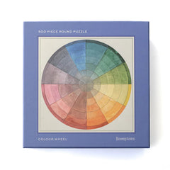 RoomyTown Color Wheel 500-Piece Round Jigsaw Puzzle, a blue box with a rainbow color wheel on the front