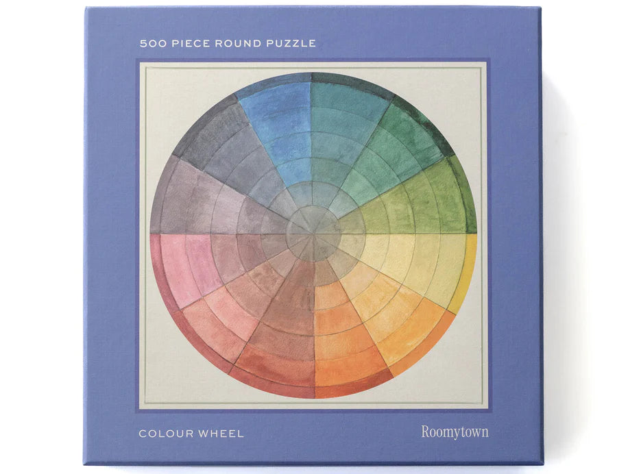 RoomyTown Color Wheel 500-Piece Round Jigsaw Puzzle, a blue box with a rainbow color wheel on the front