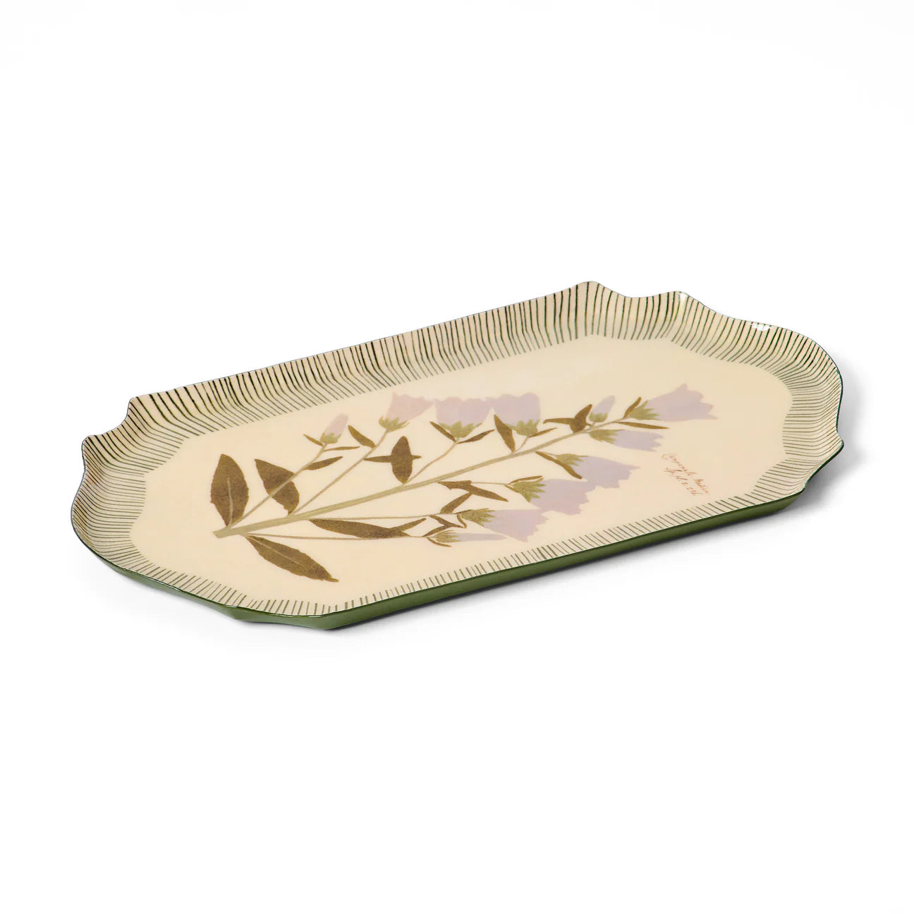 RoomyTown Enamel Tray in Campanula Bellflower, the oval tray shown at an angle