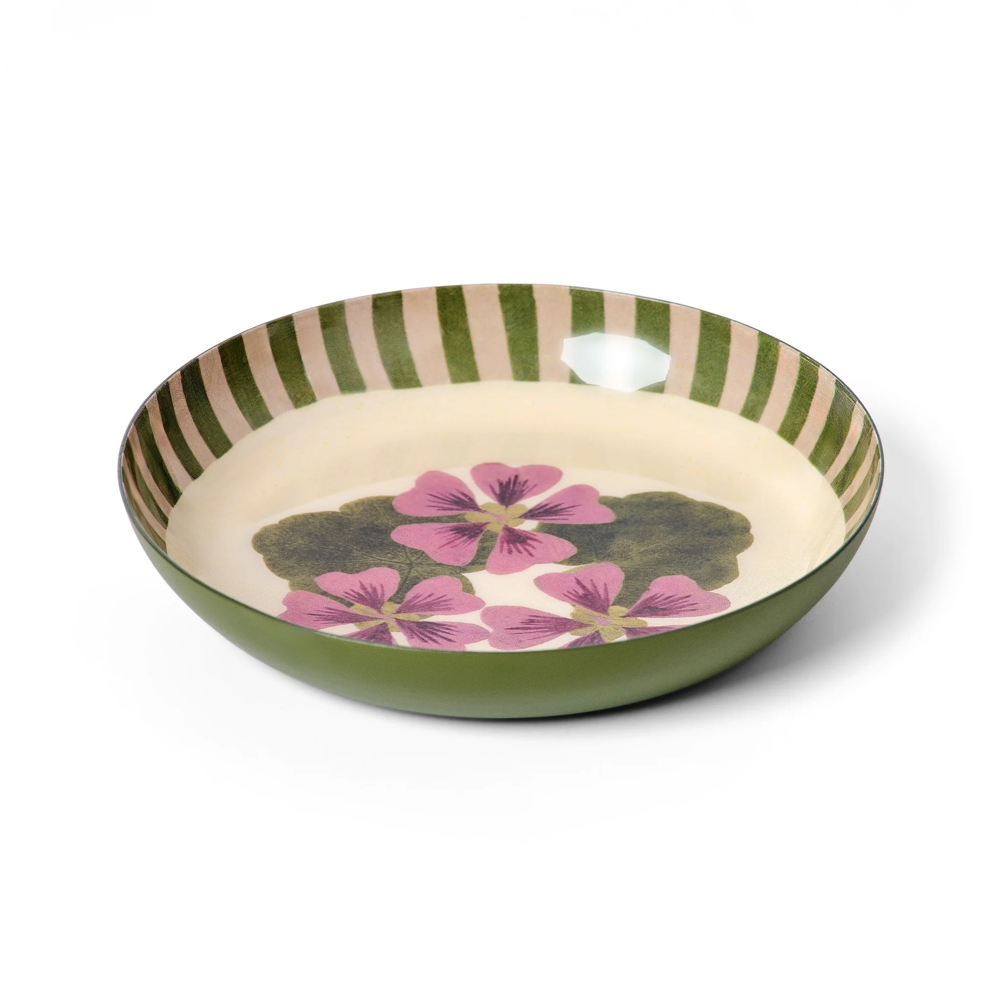 RoomyTown Enamel Tray in Geranium, the round tray shown at an angle