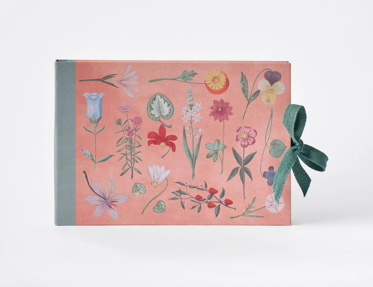 RoomyTown Festival of Flowers Artist Sketchbook with a pink botanical cover and green ribbon tie