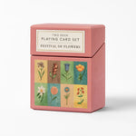 RoomyTown Festival of Flowers Playing Cards Set of 2 in a rose pink two-deck box with botanical illustrations