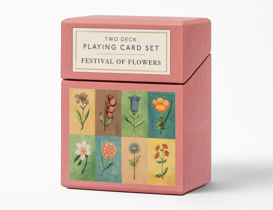 RoomyTown Festival of Flowers Playing Cards Set of 2 in a rose pink two-deck box with botanical illustrations