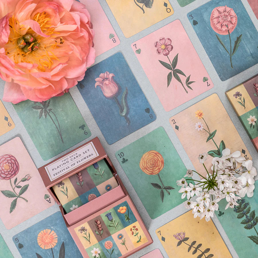 RoomyTown Festival of Flowers Playing Cards laid in a grid with fresh peony and wildflowers