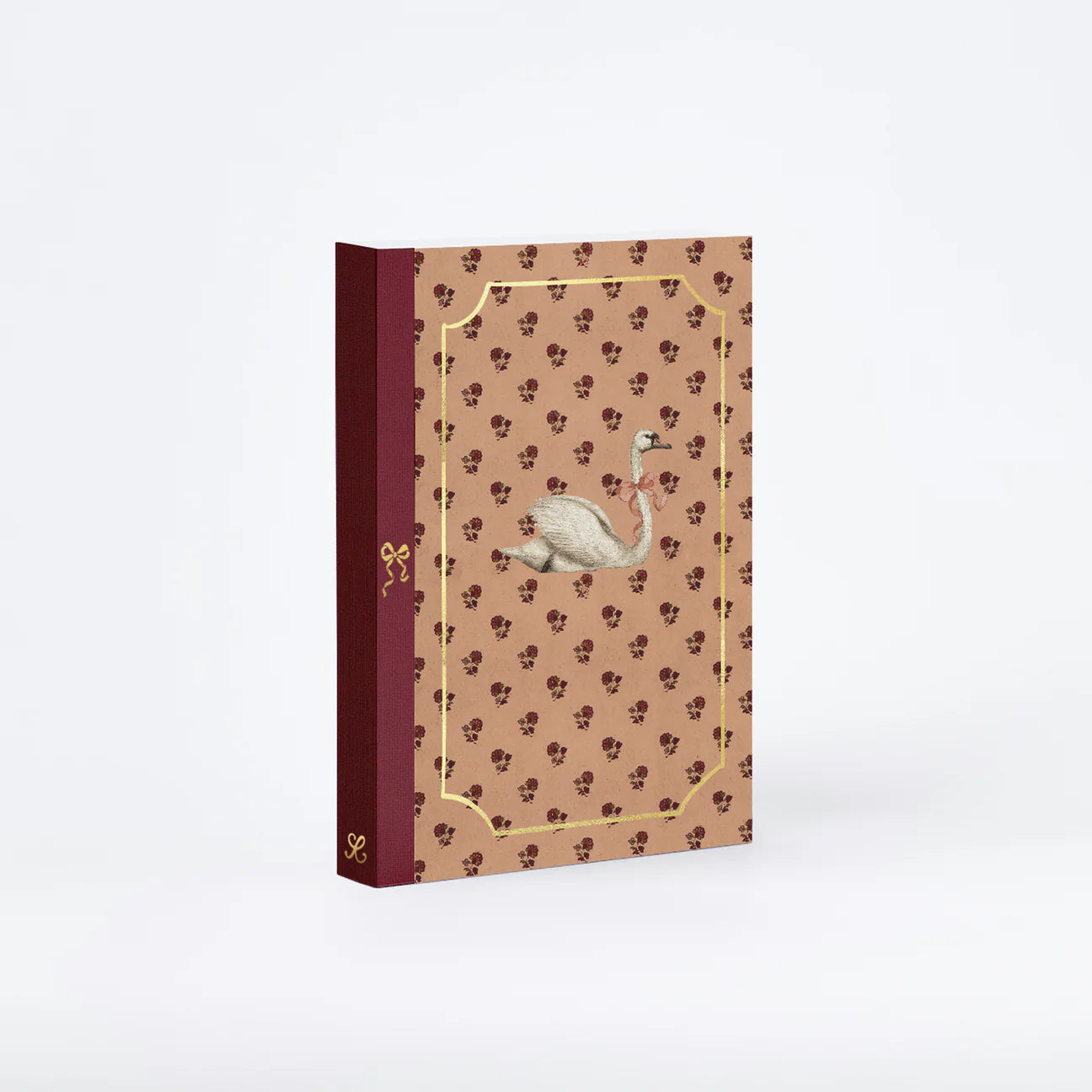 RoomyTown Lay-Flat Swan Journal, a burgundy and tan journal with a swan and gold corner details