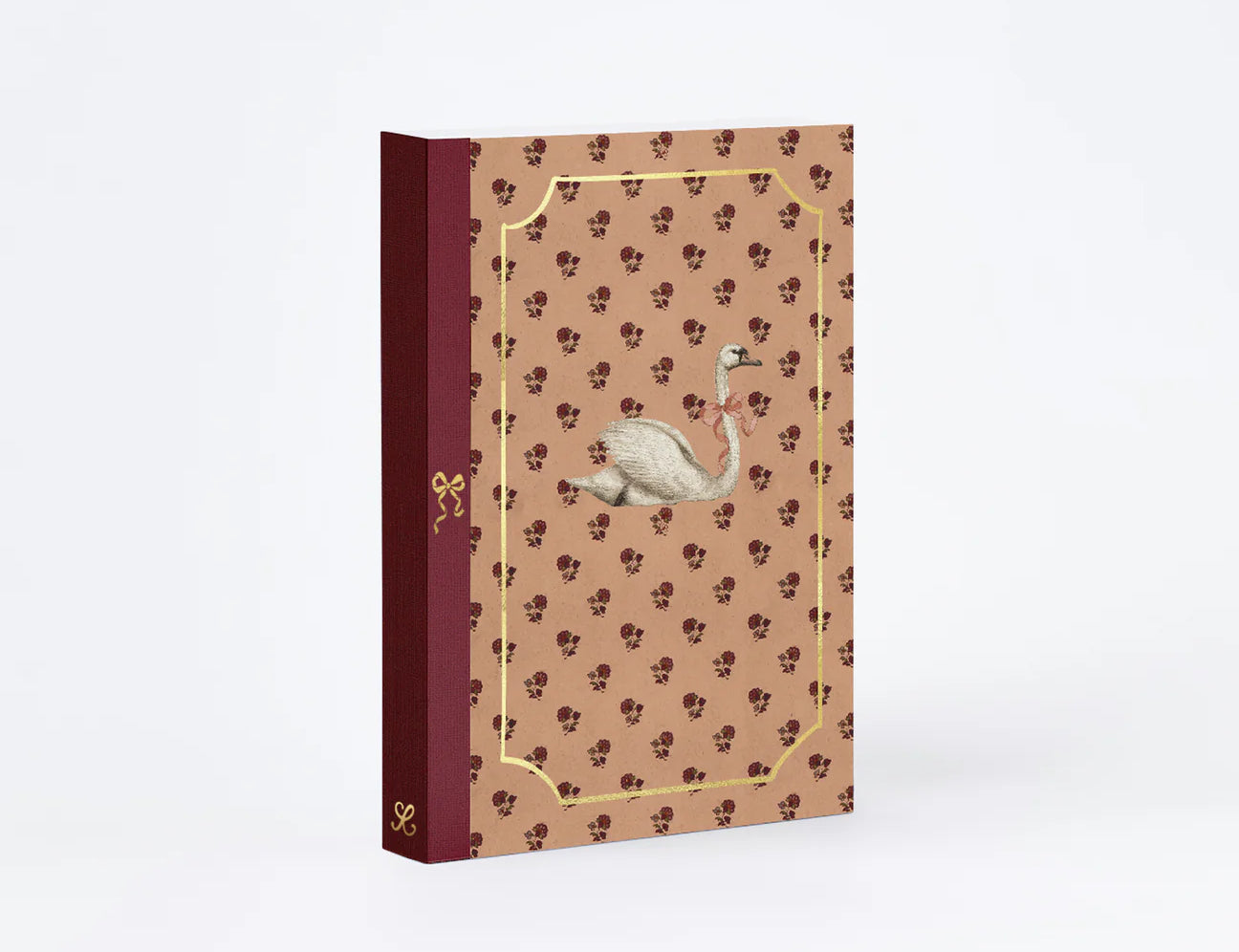 RoomyTown Lay-Flat Swan Journal, a burgundy and tan journal with a swan and gold corner details