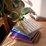 RoomyTown Lay-Flat Swan Journal stacked with other RoomyTown journals on a sunny wooden desk
