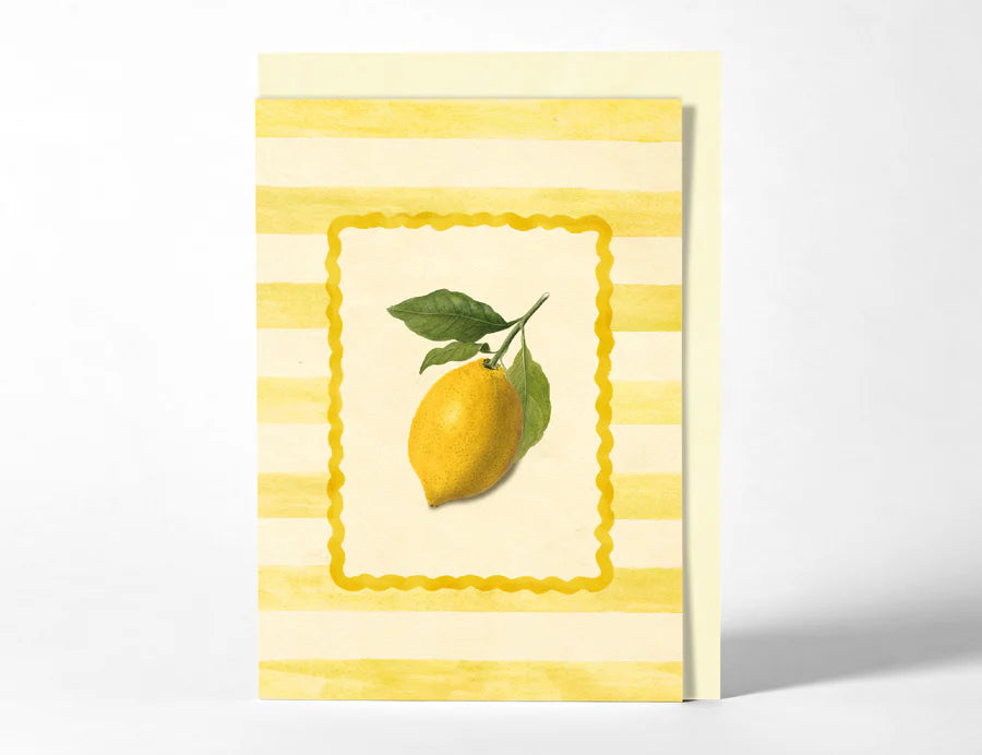 RoomyTown Lemon Yellow Stripe Greeting Card, a yellow striped card with a lemon illustration