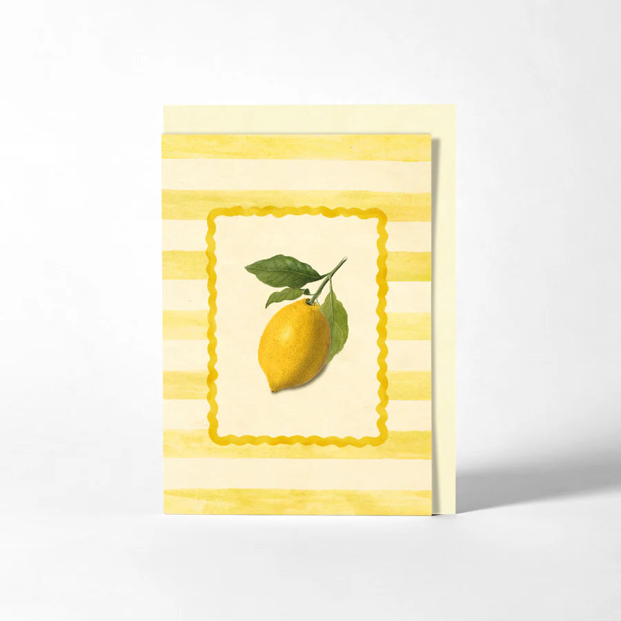 RoomyTown Lemon Yellow Stripe Greeting Card, a yellow striped card with a lemon illustration