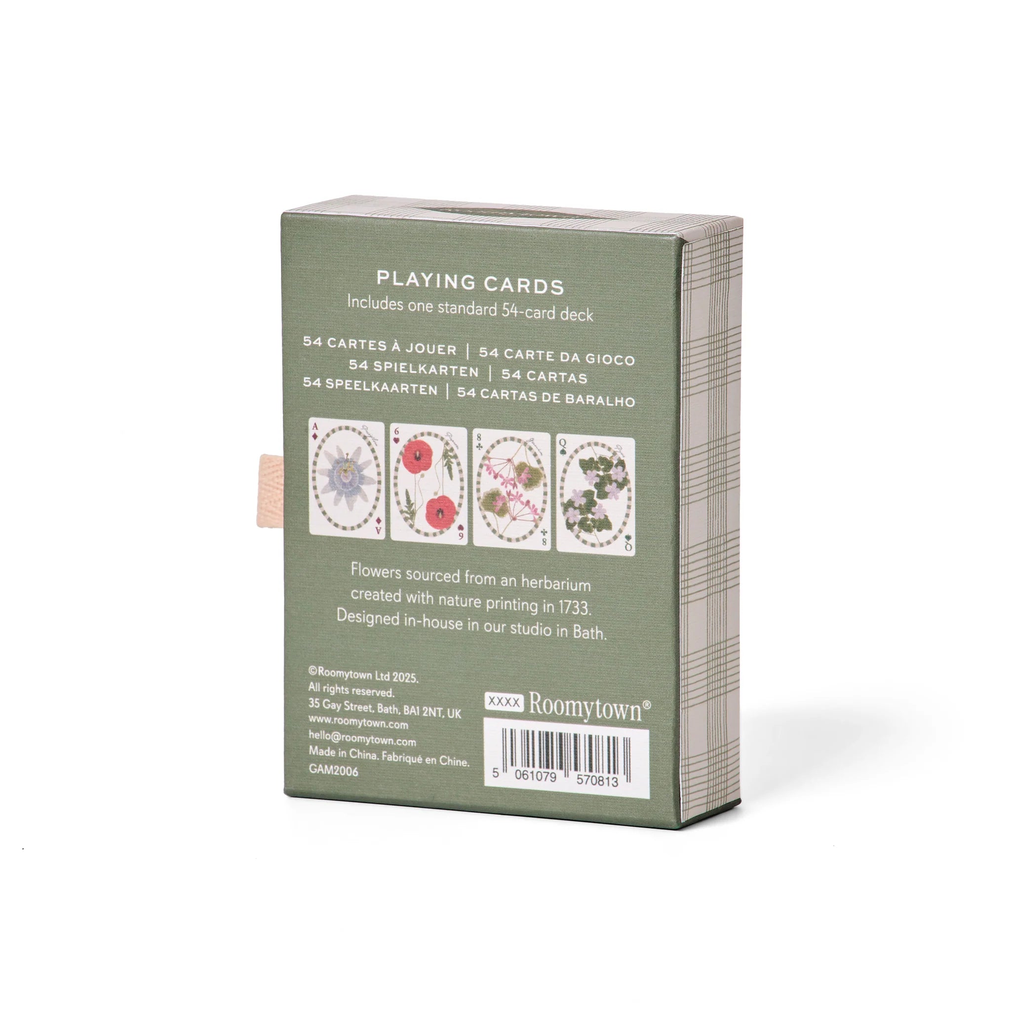 Back of the RoomyTown The Living Herbarium Playing Cards green box with product details