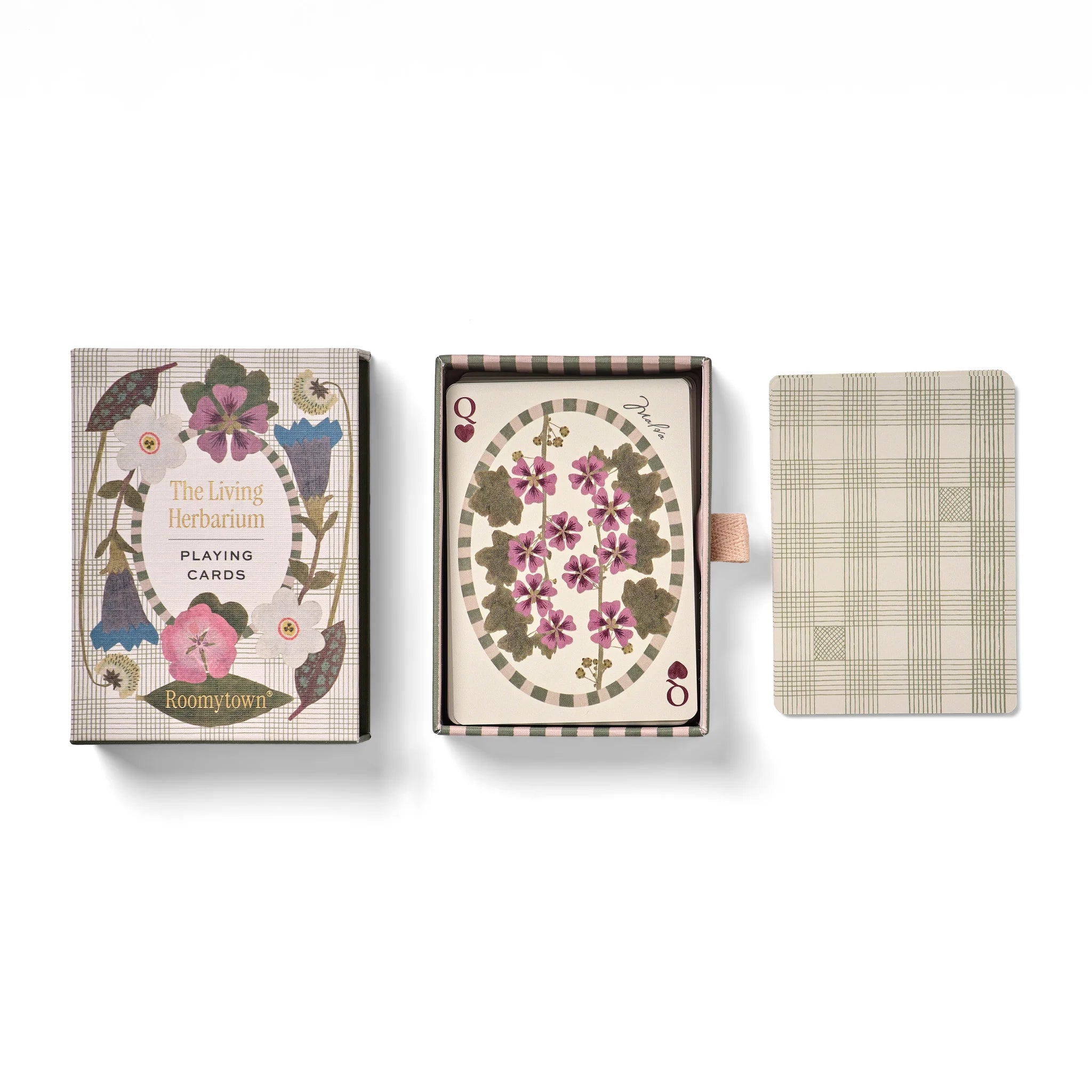 RoomyTown The Living Herbarium Playing Cards box, deck and gingham card back laid out side by side