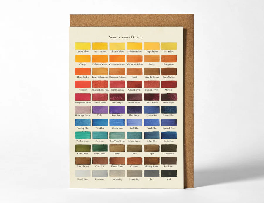 RoomyTown Nomenclature of Colors Greeting Card, a cream card with a grid of vintage color swatches and kraft envelope