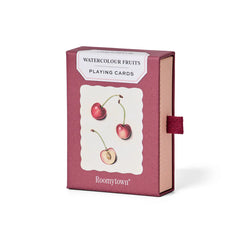 RoomyTown Watercolour Fruits Playing Cards in a burgundy box with a cherry illustration
