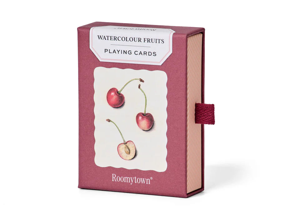 RoomyTown Watercolour Fruits Playing Cards in a burgundy box with a cherry illustration
