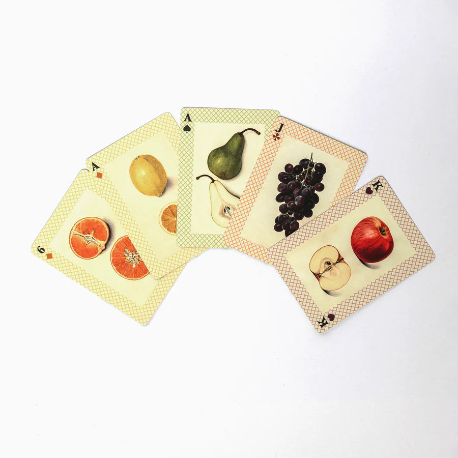 RoomyTown Watercolour Fruits Playing Cards fanned showing orange, pear, grape and apple face cards