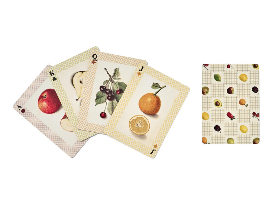 RoomyTown Watercolour Fruits Playing Cards fanned out showing painted fruit face cards and a dotted back