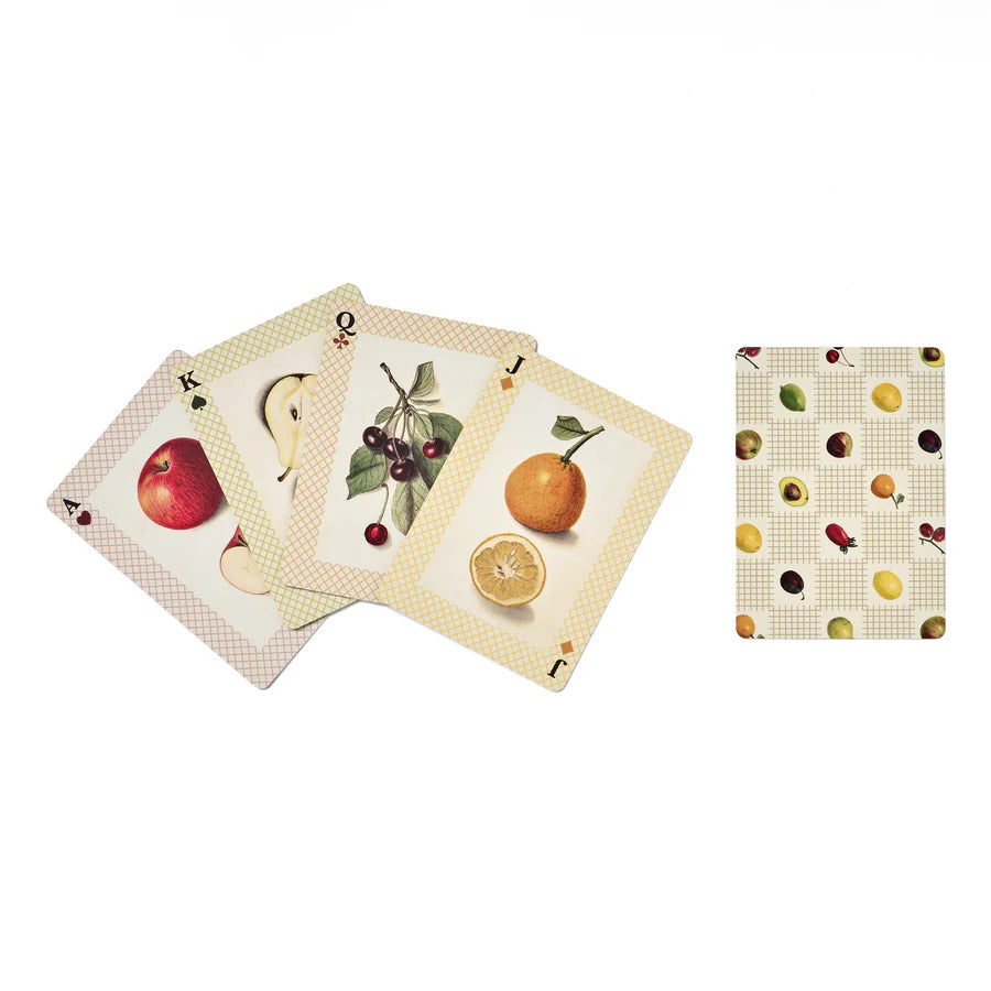 RoomyTown Watercolour Fruits Playing Cards fanned out showing painted fruit face cards and a dotted back