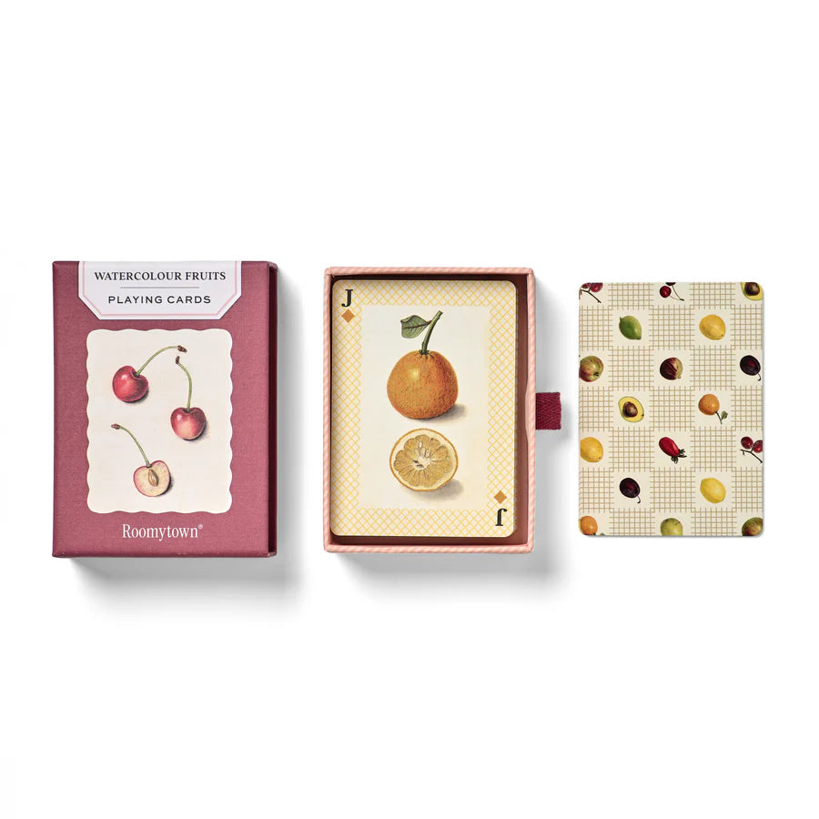 RoomyTown Watercolour Fruits Playing Cards box, deck and dotted card back laid out side by side