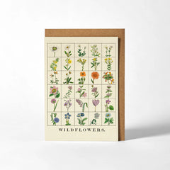 RoomyTown Wildflowers Greeting Card, a cream card with a grid of vintage wildflower illustrations and kraft envelope