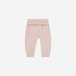 Rylee & Cru Baby Pant in Blush, soft pink ribbed-waist baby pants on white