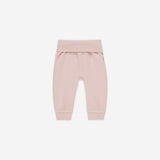 Rylee & Cru Baby Pant in Blush, soft pink ribbed-waist baby pants on white