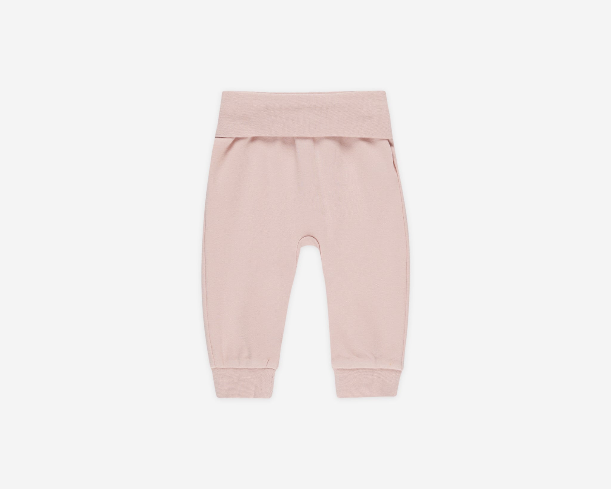 Rylee & Cru Baby Pant in Blush, soft pink ribbed-waist baby pants on white
