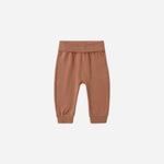 Rylee & Cru Baby Pant in Poppy, rust-brown ribbed-waist baby pants on white
