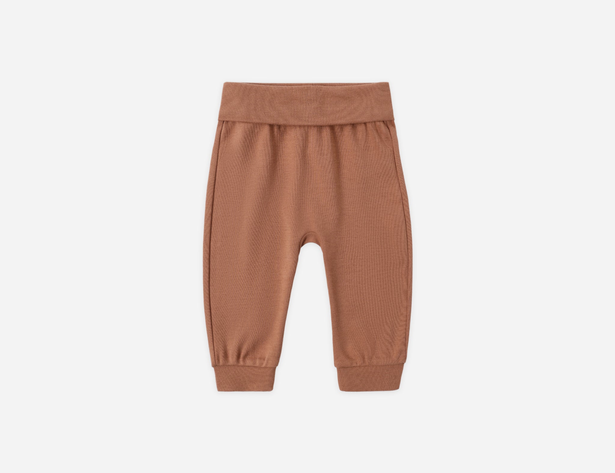 Rylee & Cru Baby Pant in Poppy, rust-brown ribbed-waist baby pants on white