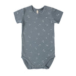 Rylee & Cru Bamboo Short Sleeve Bodysuit in Ocean, slate blue baby bodysuit with a white constellation print