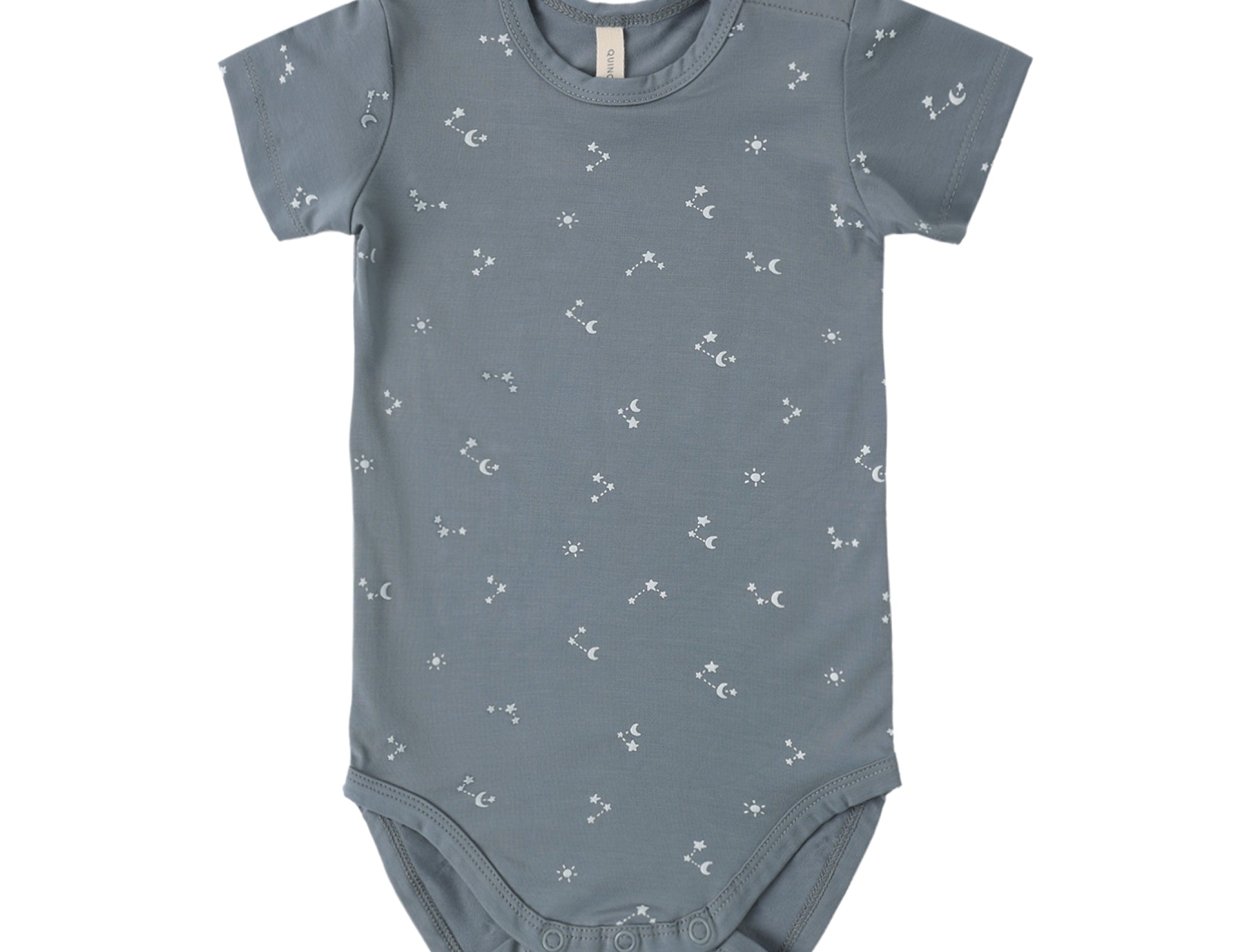 Rylee & Cru Bamboo Short Sleeve Bodysuit in Ocean, slate blue baby bodysuit with a white constellation print