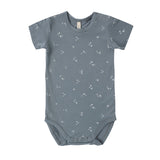 Rylee & Cru Bamboo Short Sleeve Bodysuit in Ocean, slate blue baby bodysuit with a white constellation print