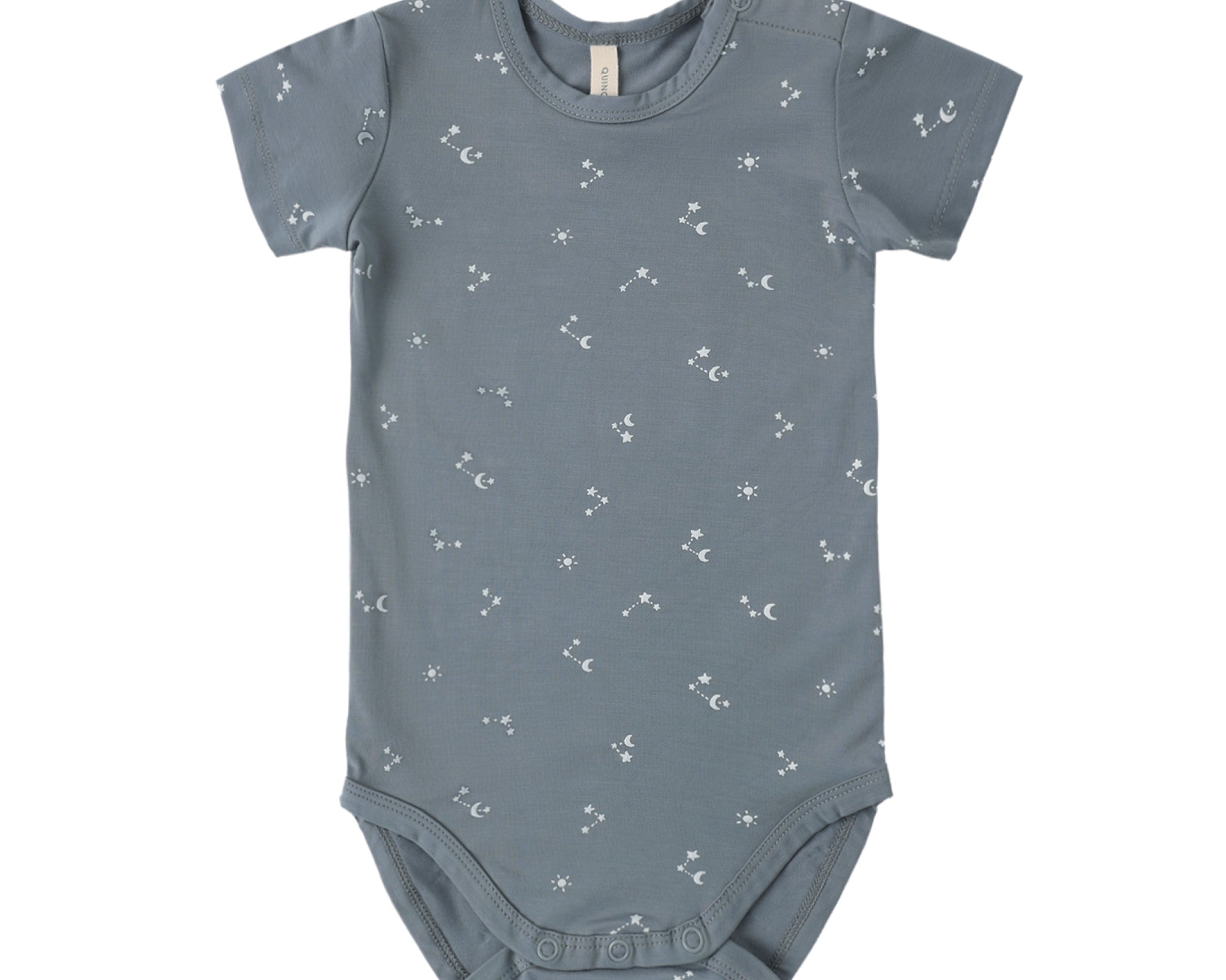 Rylee & Cru Bamboo Short Sleeve Bodysuit in Ocean, slate blue baby bodysuit with a white constellation print