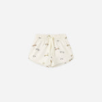 Rylee & Cru Boys Swim Short in Race Car, cream swim trunks with a small race car print, front view